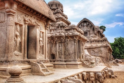 The Pancha Rathas — five different Dravidian temple styles carved as monoliths